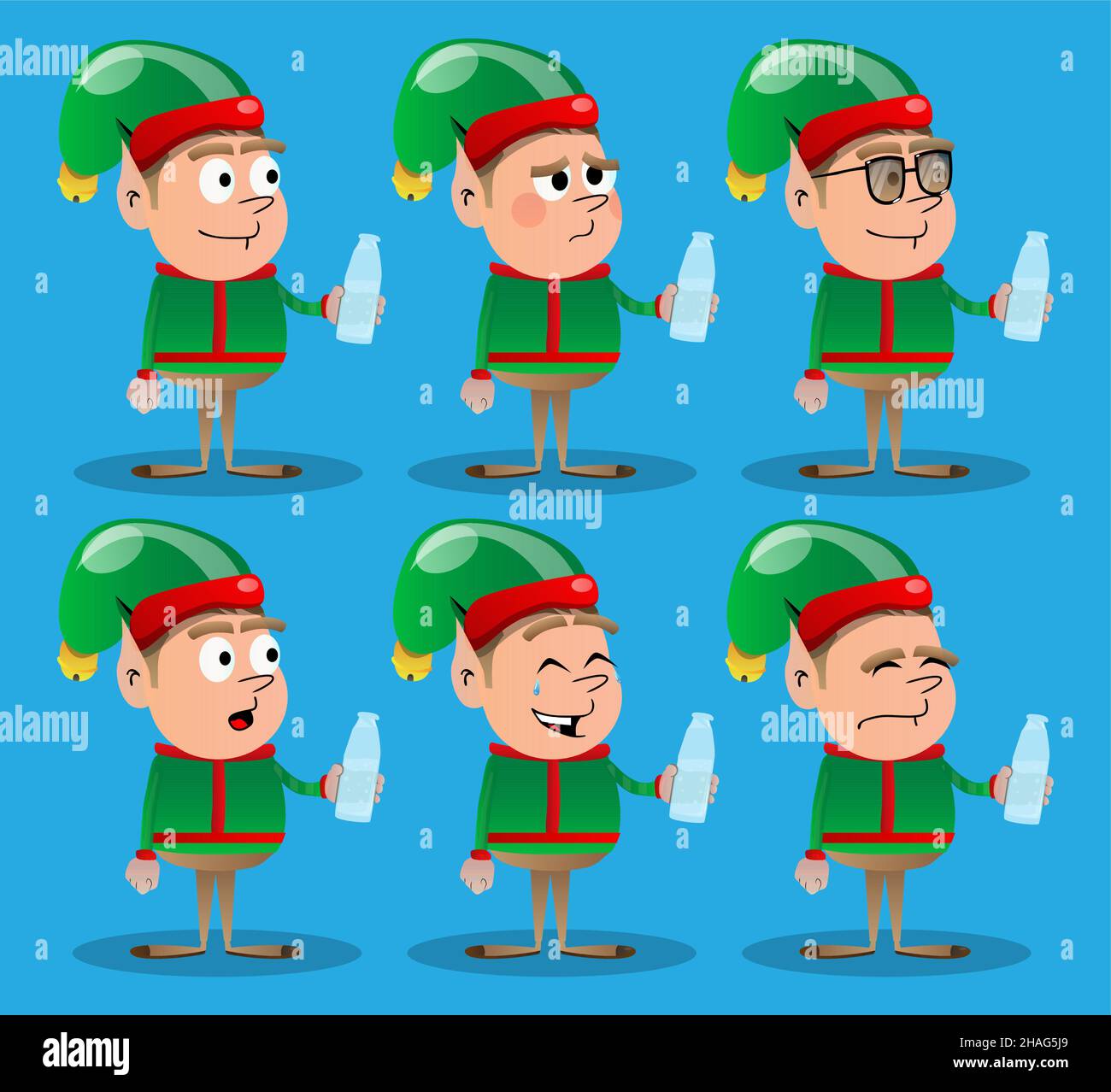 Christmas Elf Drinking Water From A Glass Bottle Vector Cartoon Character Illustration Of Santa 7129