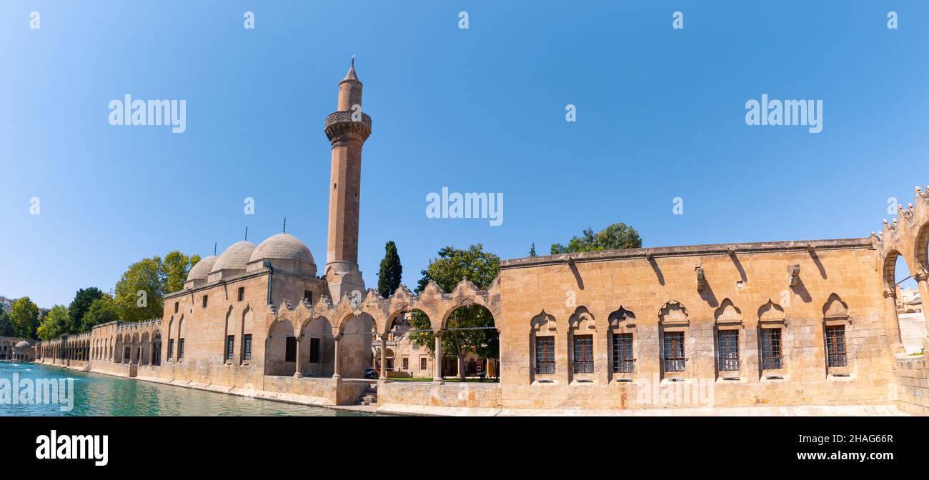 Balikligol. Panoramic view of Pool of Abraham or Balikligol and Rizvaniye Mosque in Sanliurfa Turkey. Religious tourism destinations in Turkey. Stock Photo