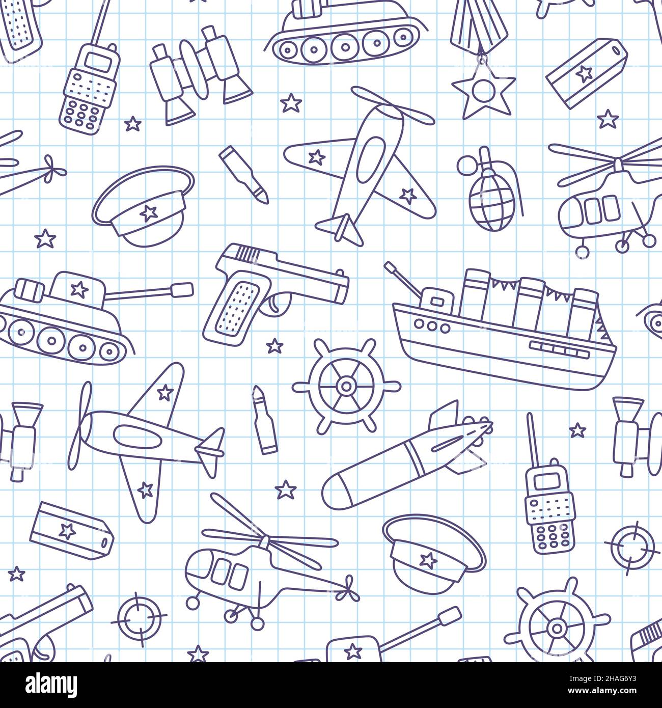 Victory day 9 may seamless pattern. Hand drawn background for Defender of the Fatherland Day 23 february. Kid drawing for army day. Doodle vector Stock Vector