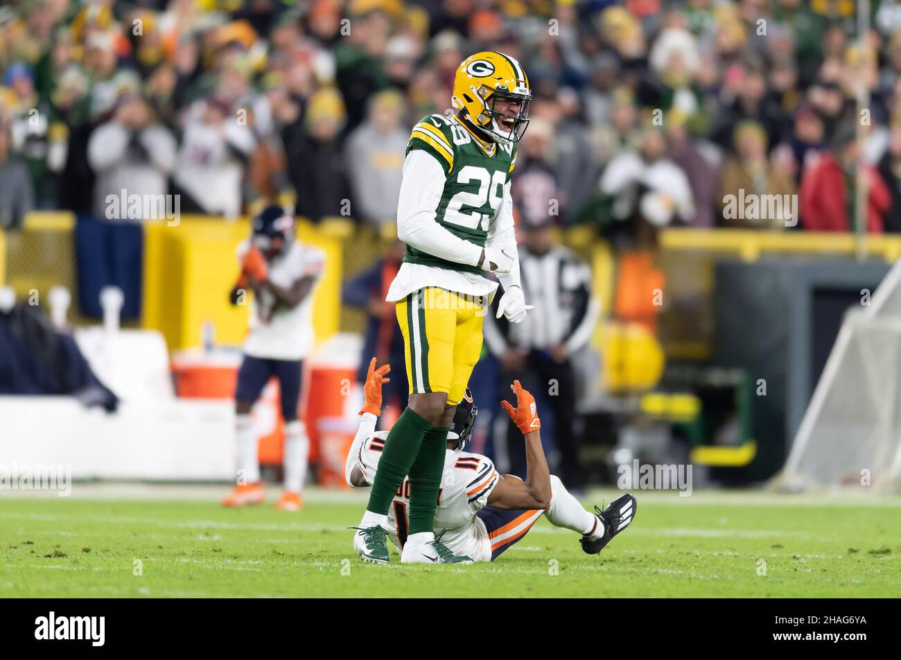 Green Bay Packers cornerback Rasul Douglas (29) reacts during an NFL  against the the Chicago Bears Sunday, Sept. 18, 2022, in Green Bay, Wis.  (AP Photo/Jeffrey Phelps Stock Photo - Alamy