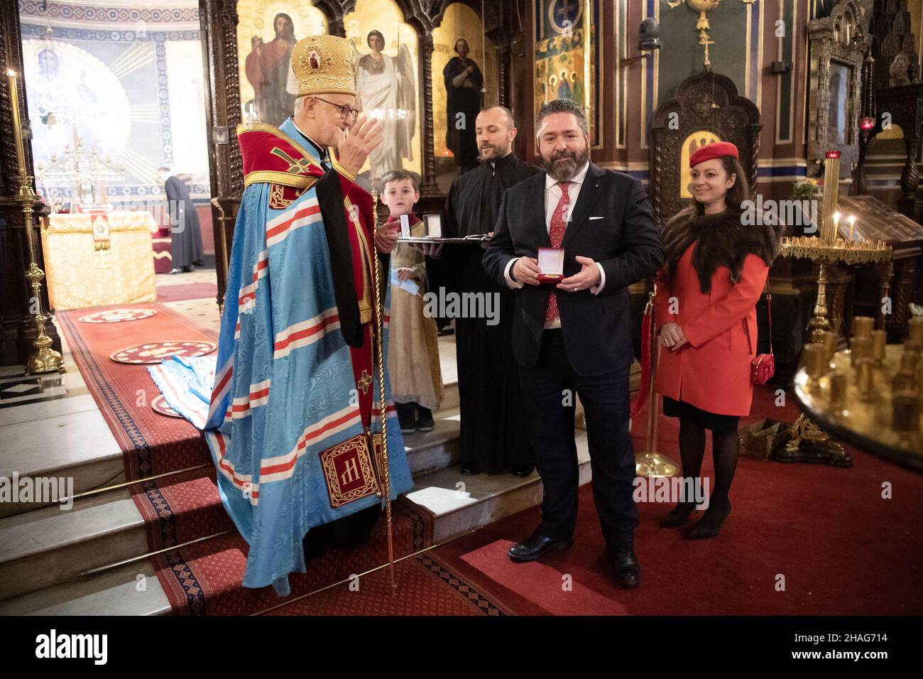 Grand Duke George Mikhailovich of Russia, (Georgi Mikhailovich Romanov) receives the order of Saint Alexander Nevsky by his Jean de Doubna, Archbishop of the Orthodox Churches of Russia at Saint Alexander Nevsky Cathedral, on December 10, 21 in Paris, France.Photo by David Niviere/ABACAPRESS.COM Stock Photo