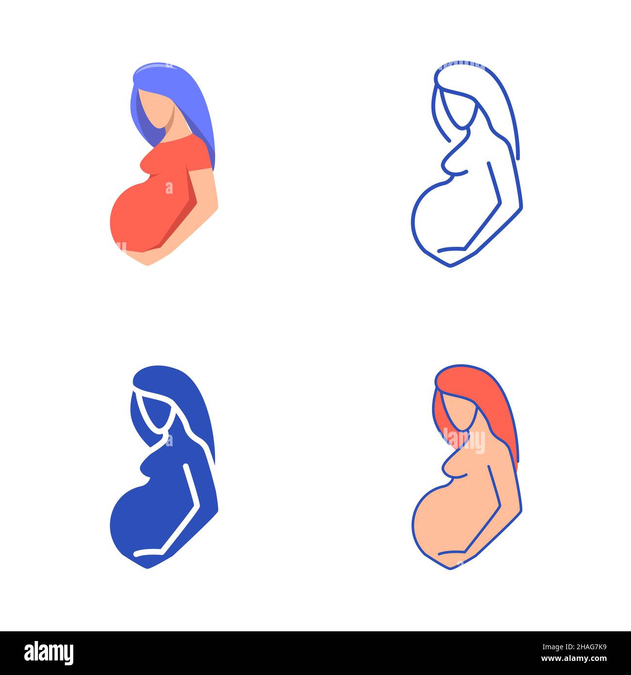 Pregnant woman icon set in flat and line style. Pregnancy, motherhood symbols. Prenatal period. Vector illustration. Stock Vector