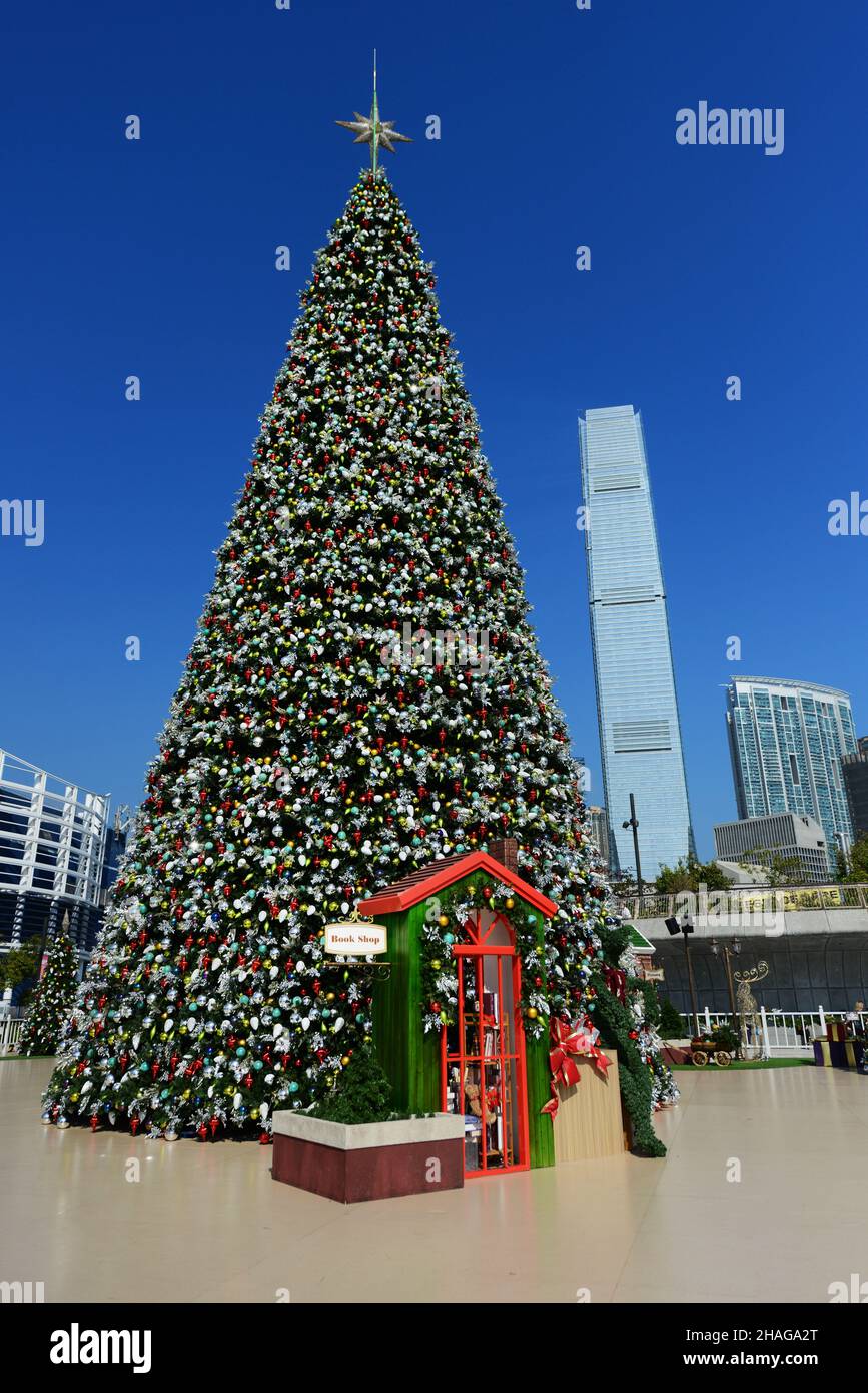 A giant Xmas tree on the new waterfront promenade in the West Kowloon