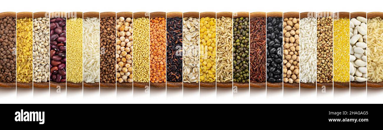 Food collage. Cereals, grains and seeds, top view Stock Photo