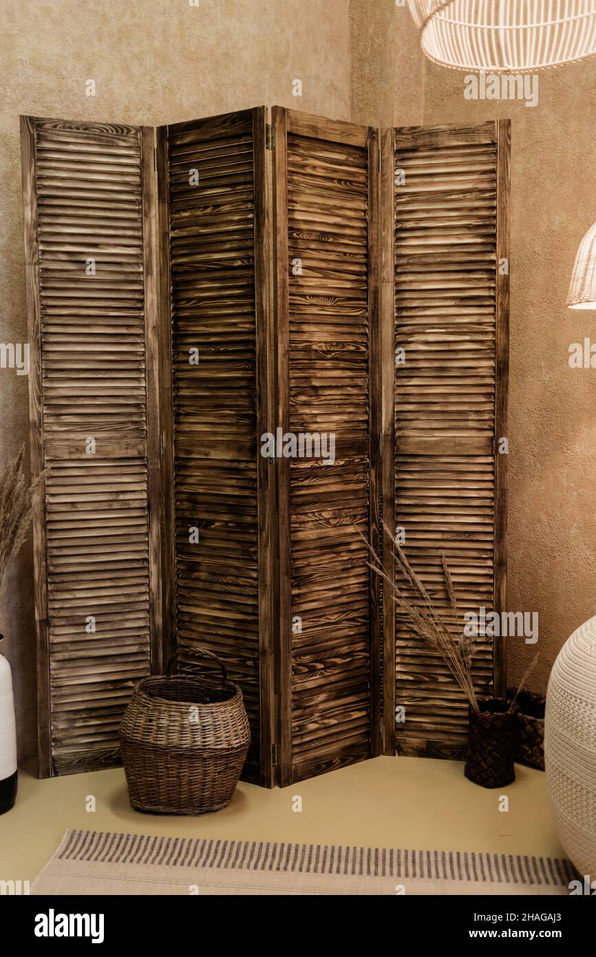 Rustic wooden screen in arabic room. Stock Photo