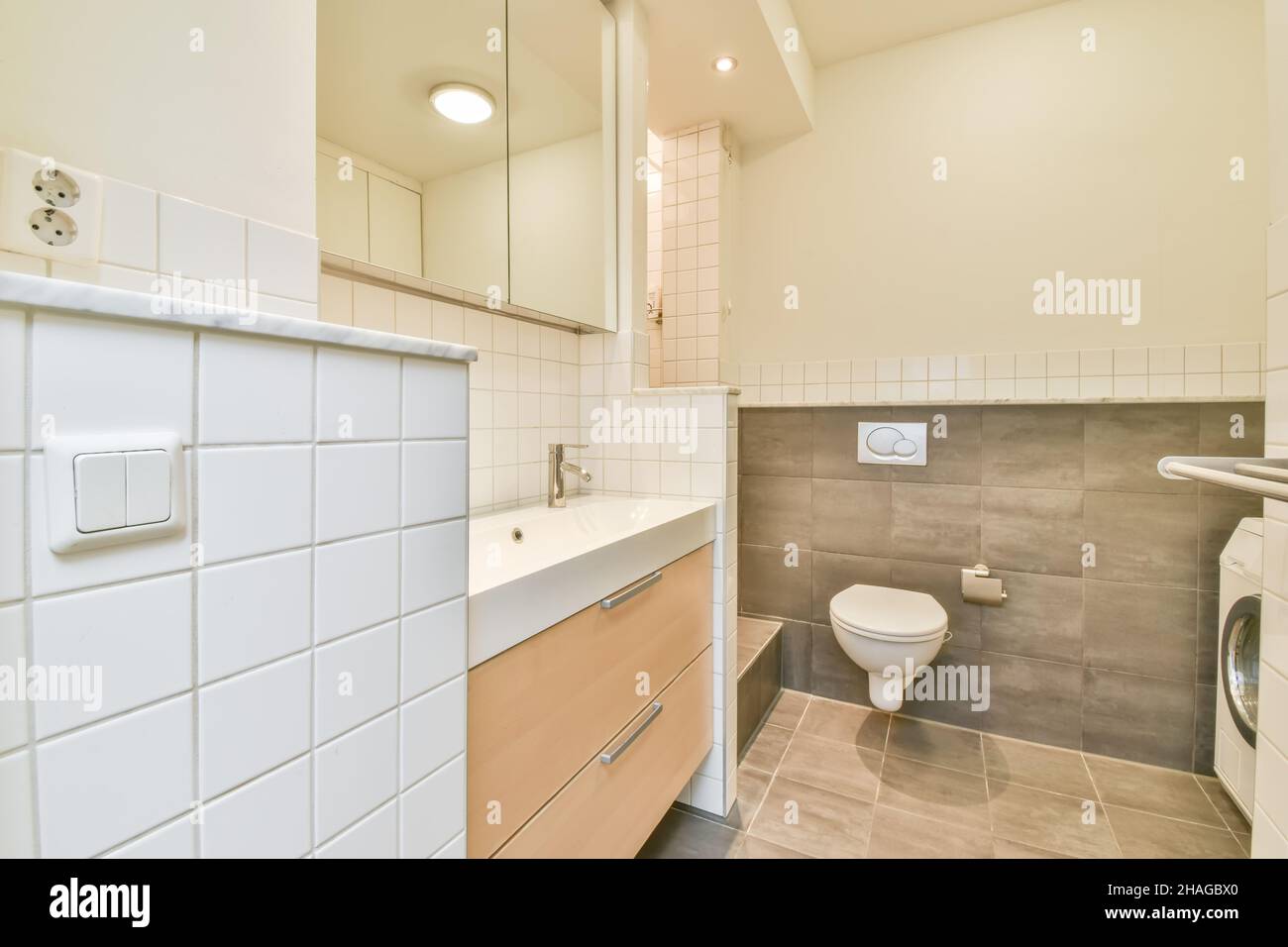 Bathroom with a beautiful sink and sliding wooden shelves underneath