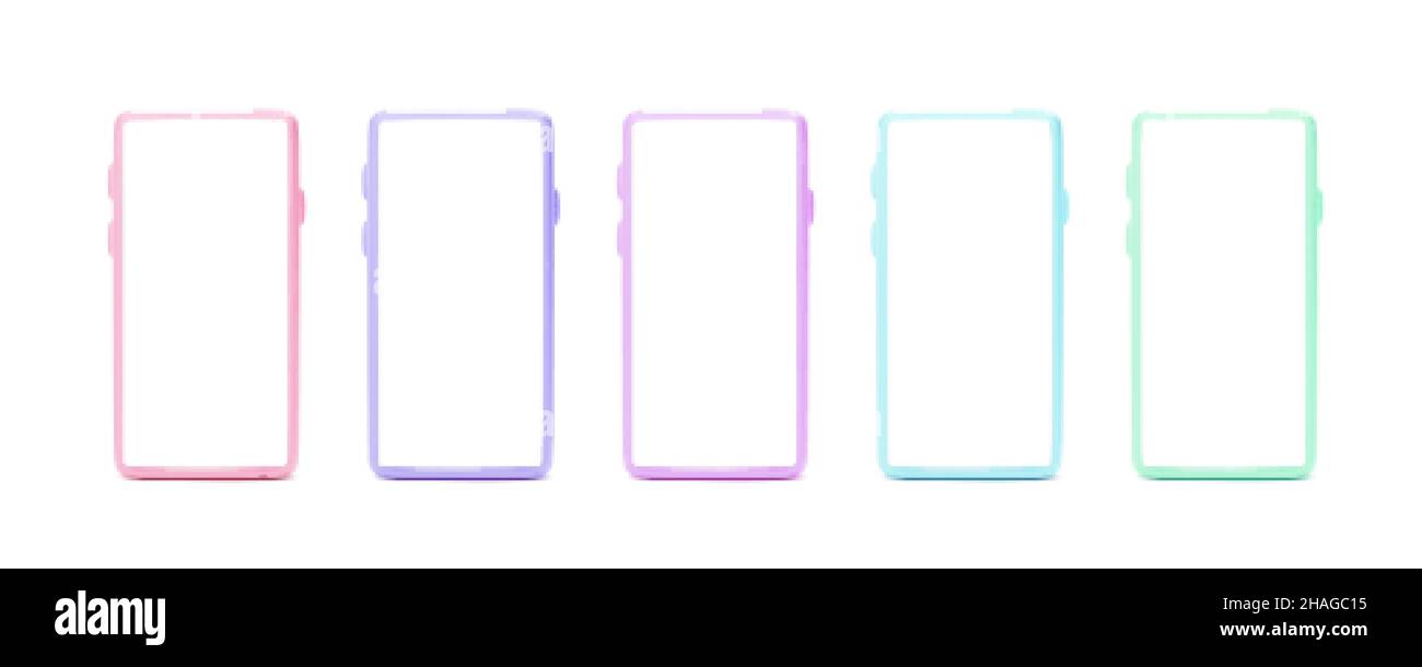 Mobile phone mock-up. 3d telephone front view different color. Smartphone with empty screen isolated on white background. Vector illustration Stock Vector