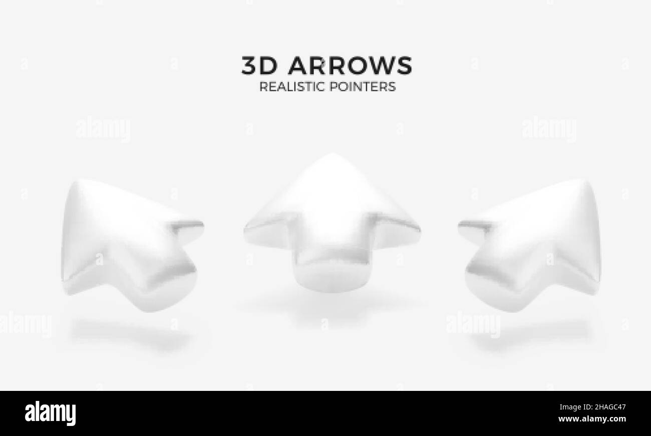 White arrow. 3D arrow set different direction. Volume computer pointer or cursor. Vector illustration Stock Vector