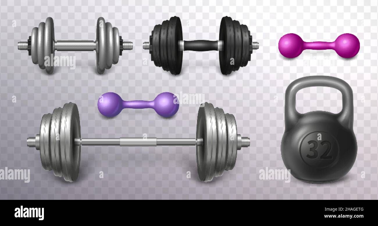 Set of metal barbell and loadable dumbbells realistic vector illustration.  Heavy fitness sport tools for training, weightlifting workout. Powerlifting  gear and gym equipment for strong muscles Stock Vector Image & Art -