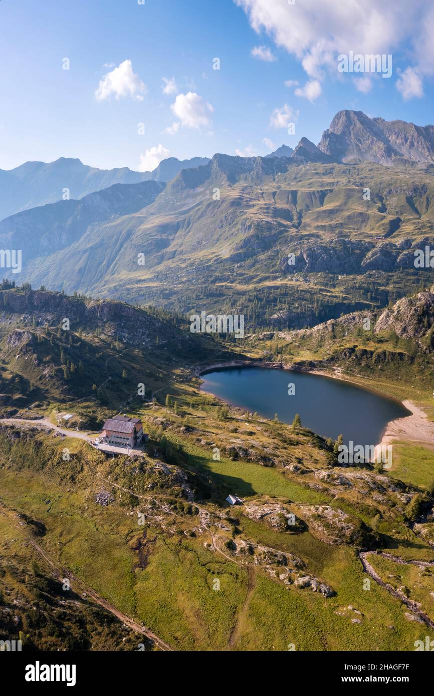 View of the Rifugio Calvi and Rotondo lake. Carona, Val Brembana, Alpi Orobie, Bergamo, Bergamo Province, Lombardy, Italy, Europe. Stock Photo