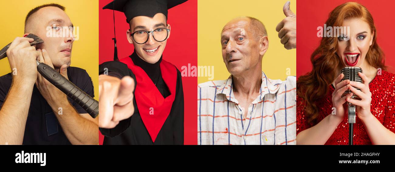 Collage of portrait of different people, firefighter, student, painter ...