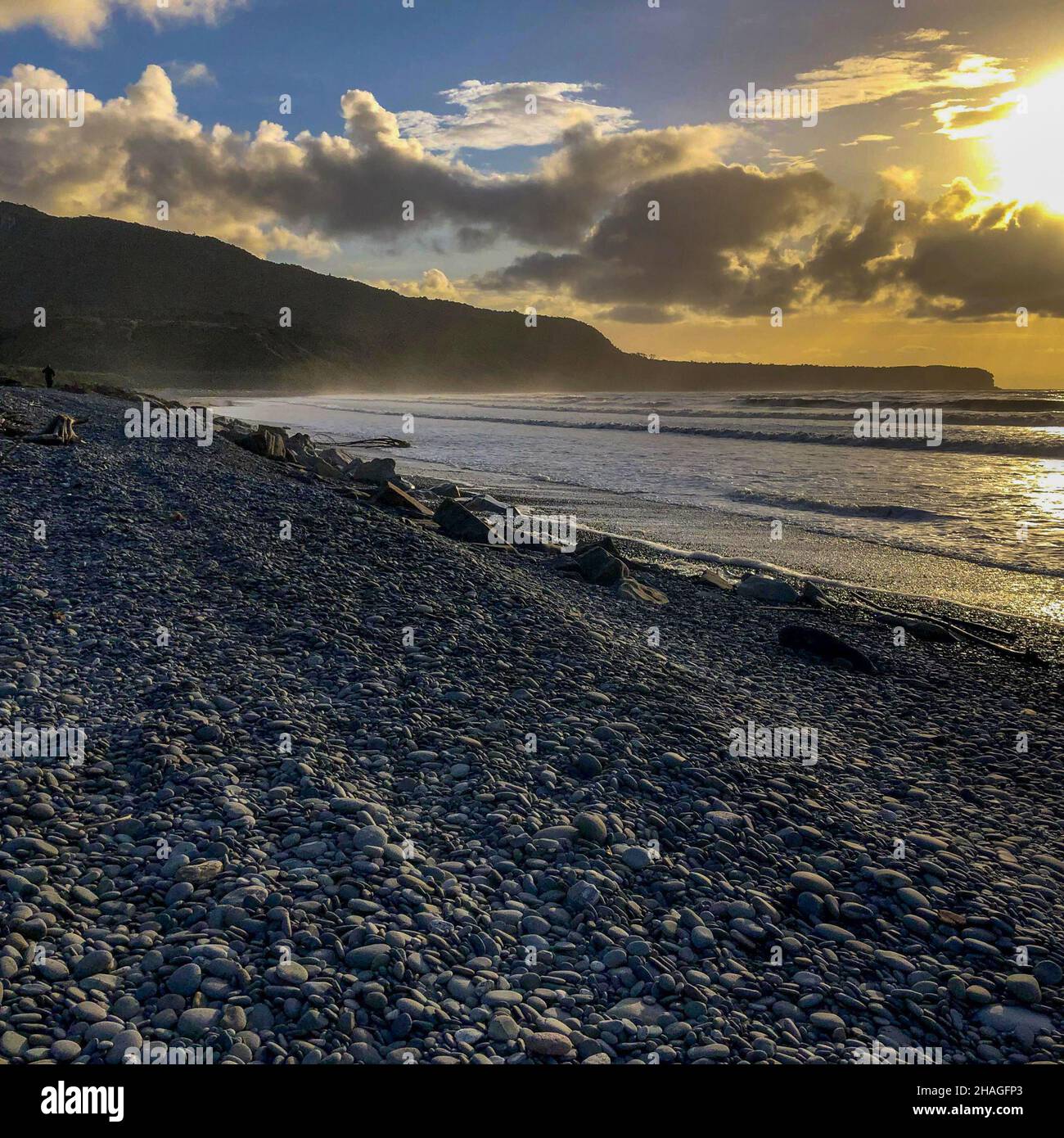 Greymouth Beach at sunrise - South Island New Zealand Stock Photo