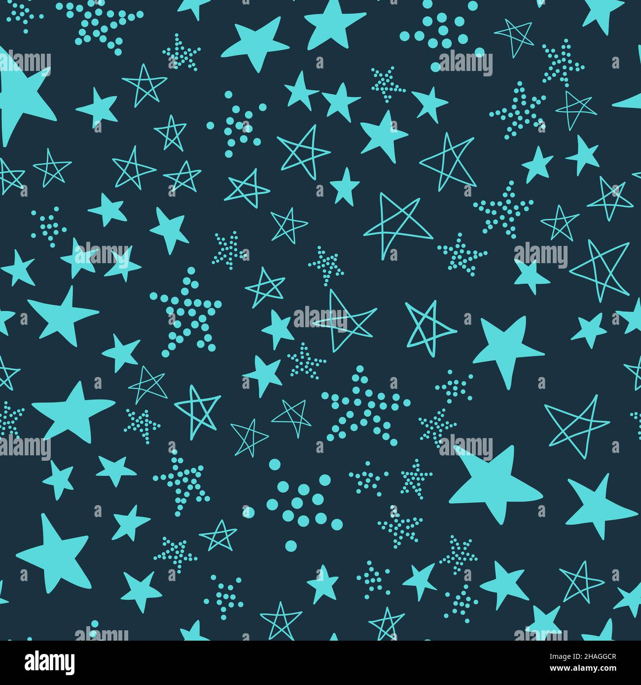 Seamless pattern, chaotically scattered stars, blue cyan design vector illustration with star element Stock Vector
