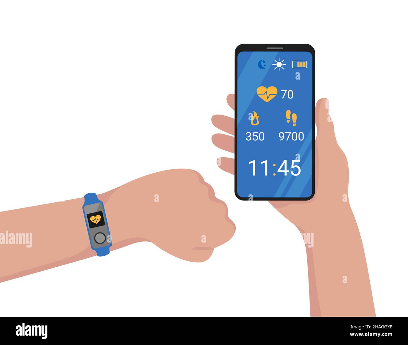 Fitness bracelet connected to mobile phone. Smartband on hand and