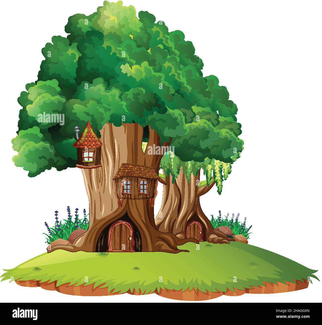 Fantasy tree house inside tree trunk on white background illustration ...