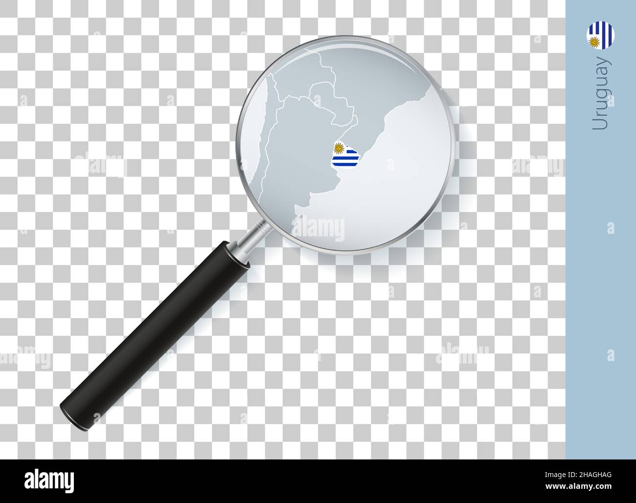 Uruguay map with flag in magnifying glass on transparent background. Vector loupe with map. Stock Vector