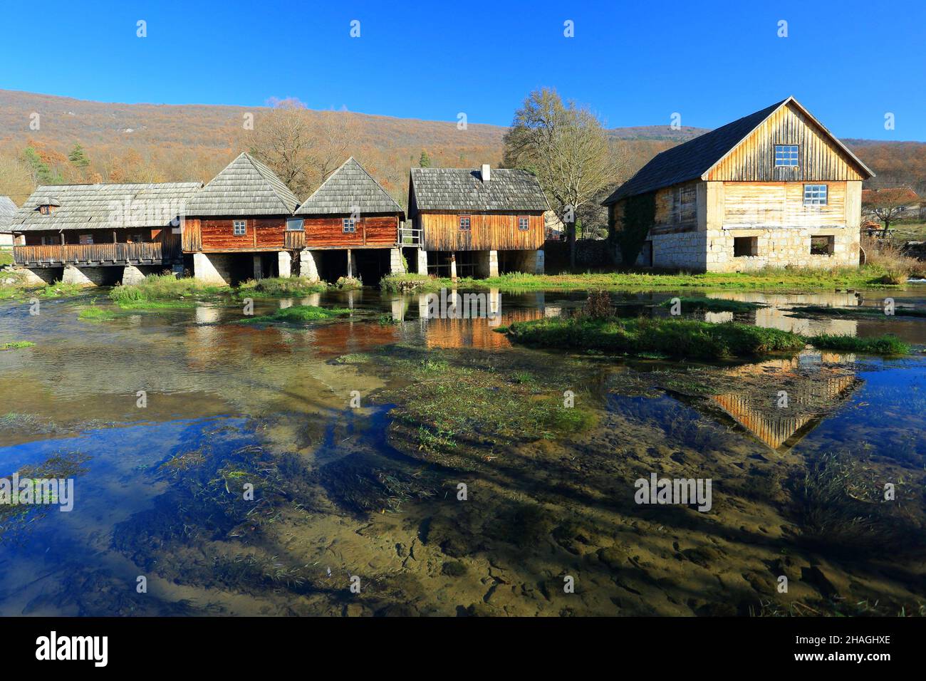 Old wooden water mills on Gacka river, Croatia Stock Photo