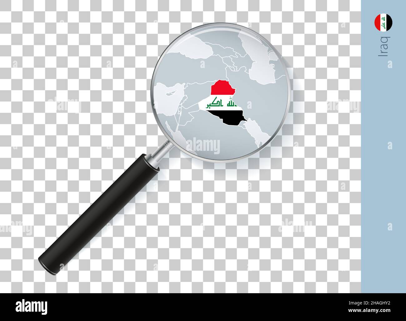 Iraq map with flag in magnifying glass on transparent background. Vector loupe with map. Stock Vector