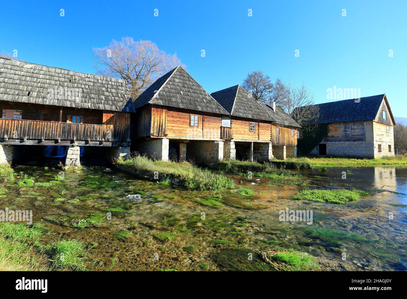 Old wooden water mills on Gacka river, Croatia Stock Photo