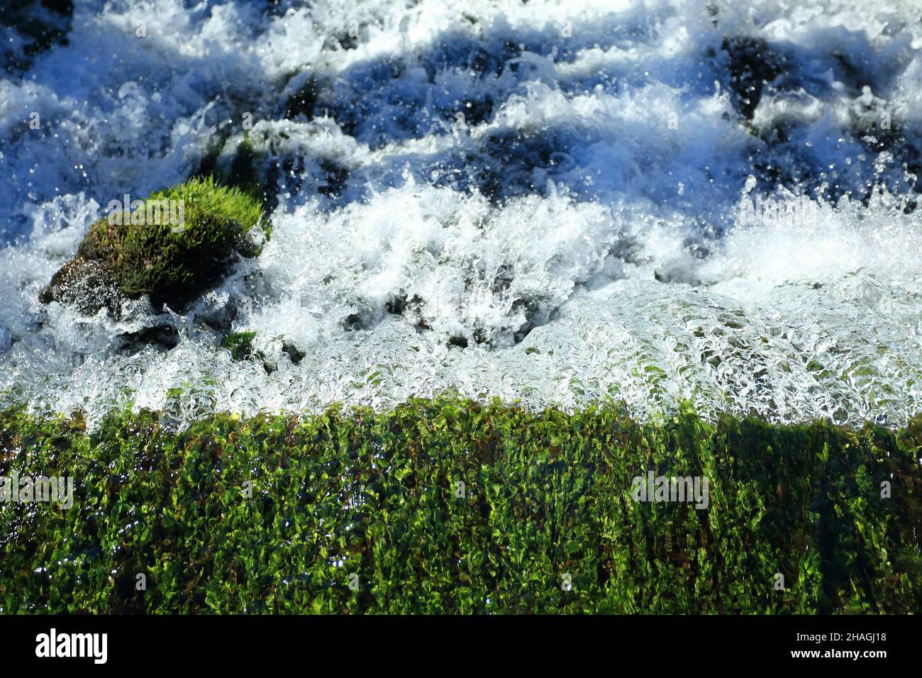 Water splashing in river flow, clear drinking water on the source Stock Photo