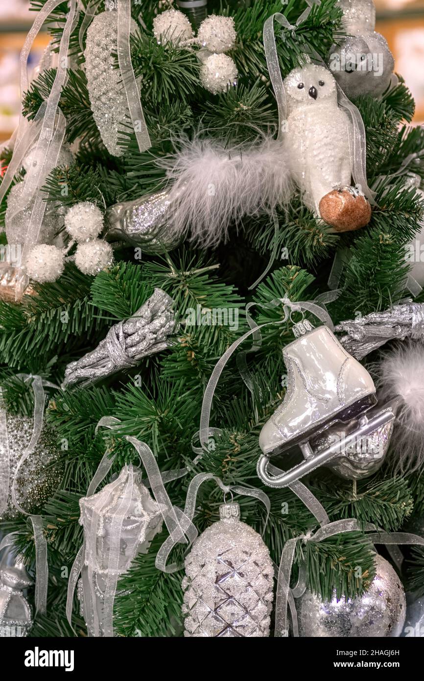 Christmas tree decorated with traditional toys. Christmas tree background. Stock Photo