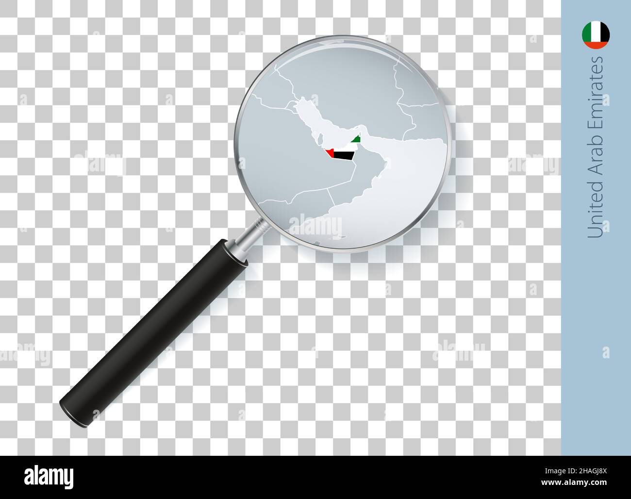 United Arab Emirates map with flag in magnifying glass on transparent background. Vector loupe