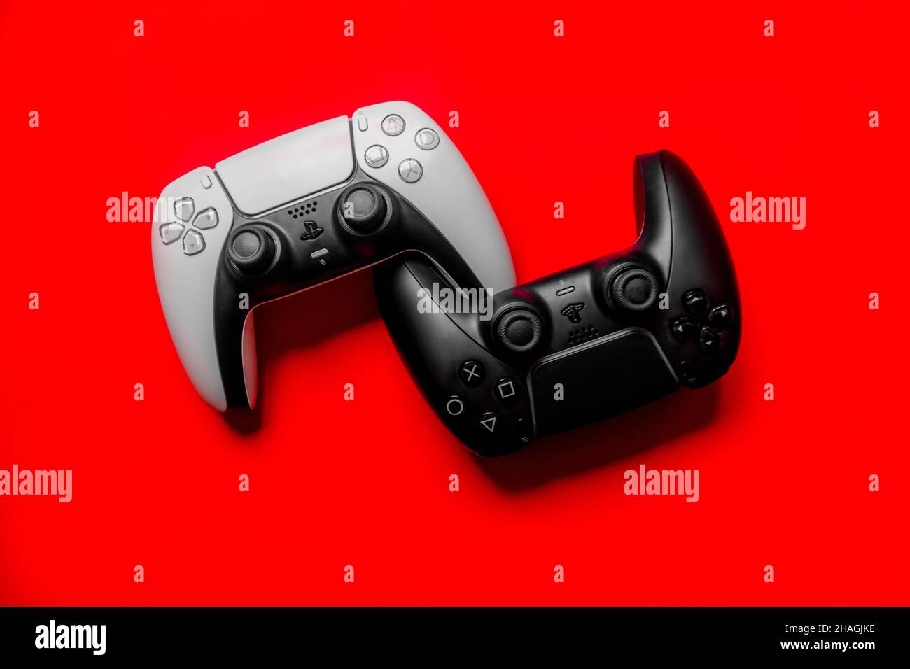 Ukraine - December 10, 2021. Wireless PlayStation 5 Dualsense gamepads. Stock Photo