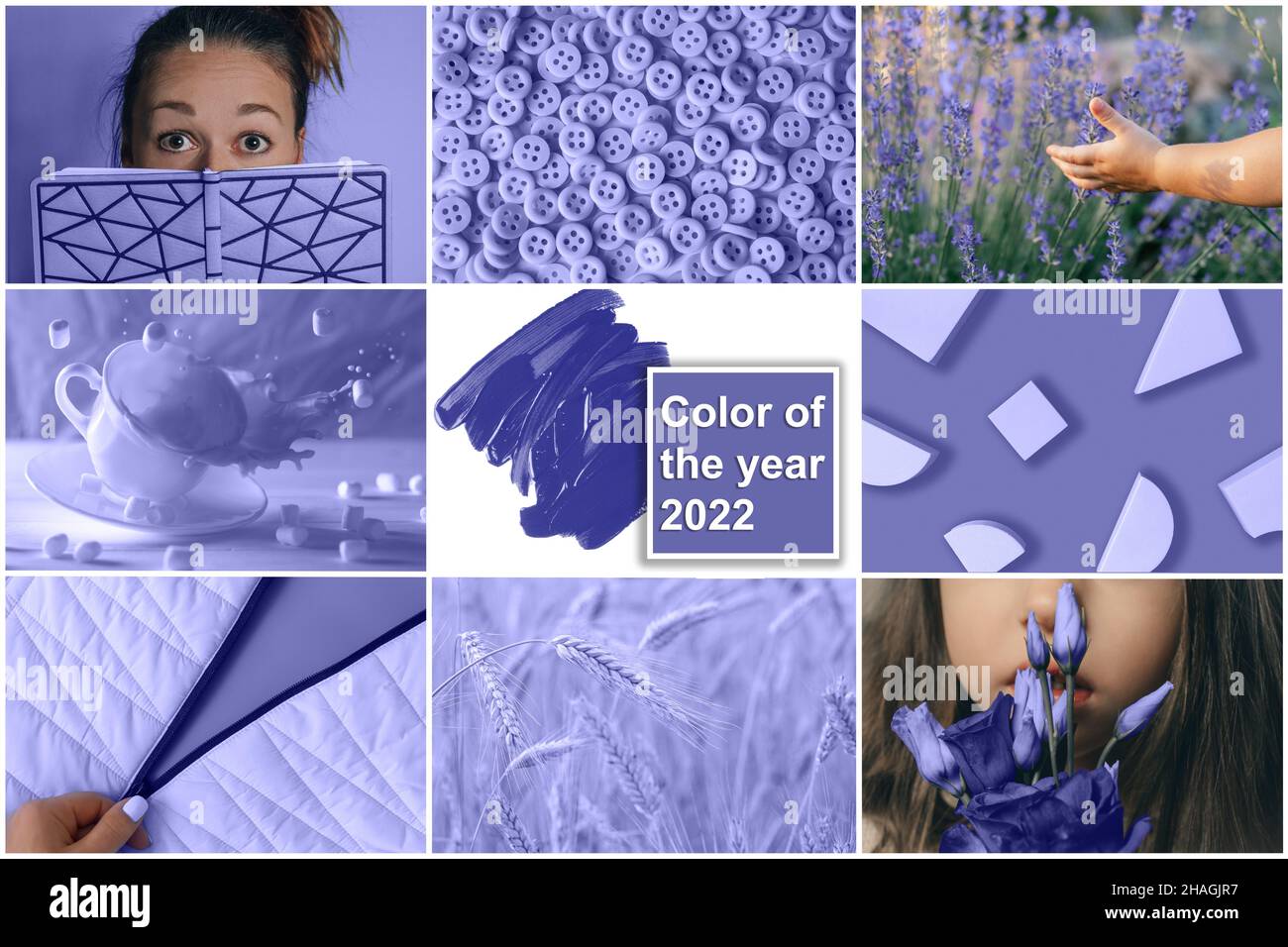 Color of the Year 2022 Very Peri. Collage of nine trendy purple shade