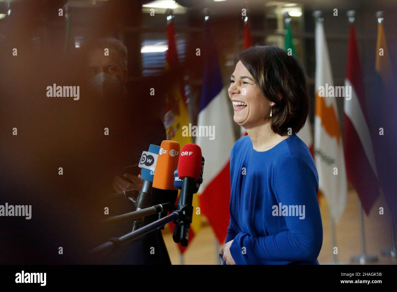 Brussels, Belgium. 13th Dec, 2021. New German Foreign Minister Annalena BAERBOCK holds a doorstep at the Foreign Affairs Council (FAC) at the EU headquarters in Brussels, Belgium, December 13, 2021. (Credit Image: © Valeria Mongelli/ZUMA Press Wire) Stock Photo