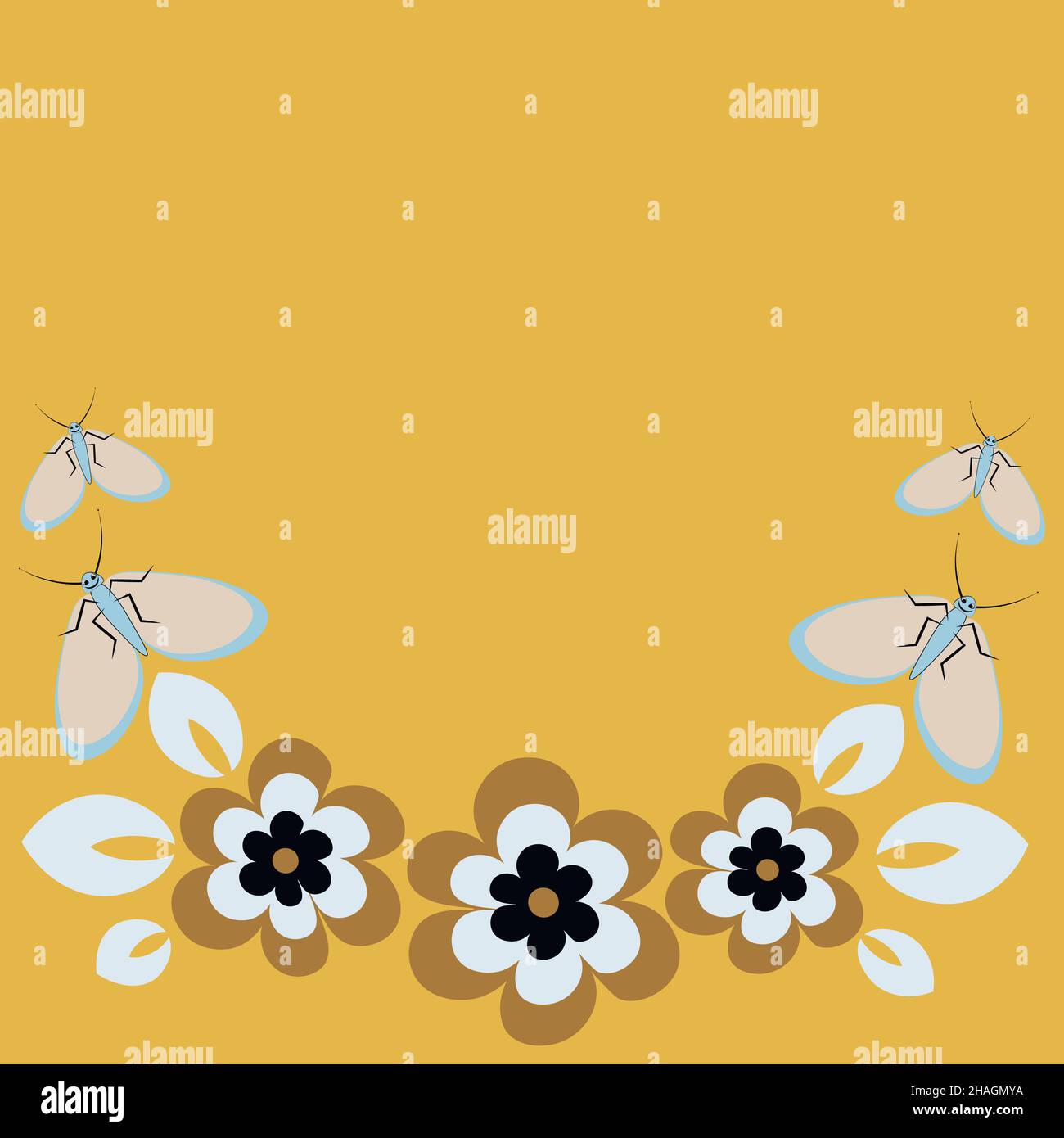 Seamless pattern on a square background - flowers and butterflies, a frame in the form of a horseshoe or semicircle. Design element for the design of Stock Vector