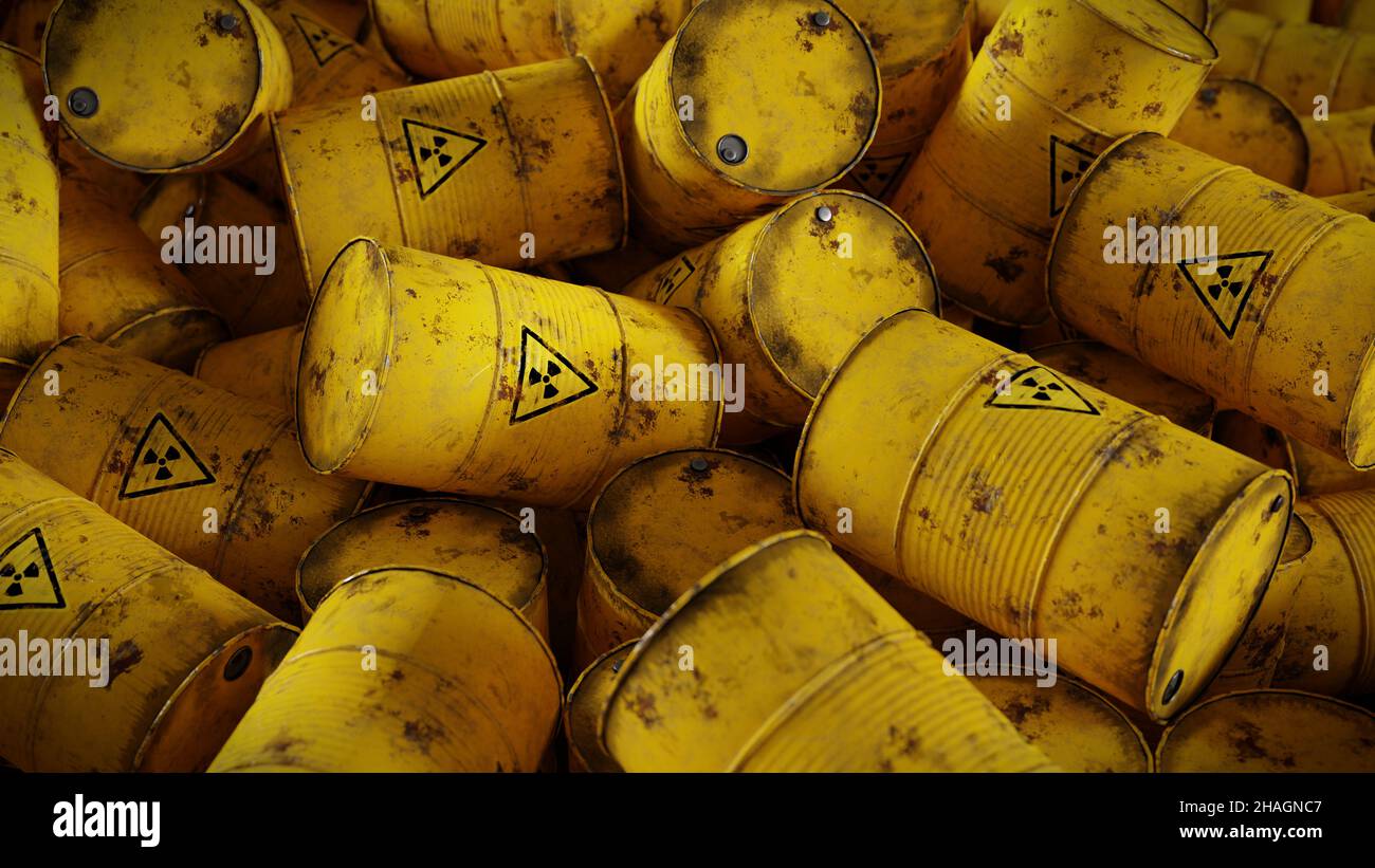 radioactive waste, pile of barrels Stock Photo