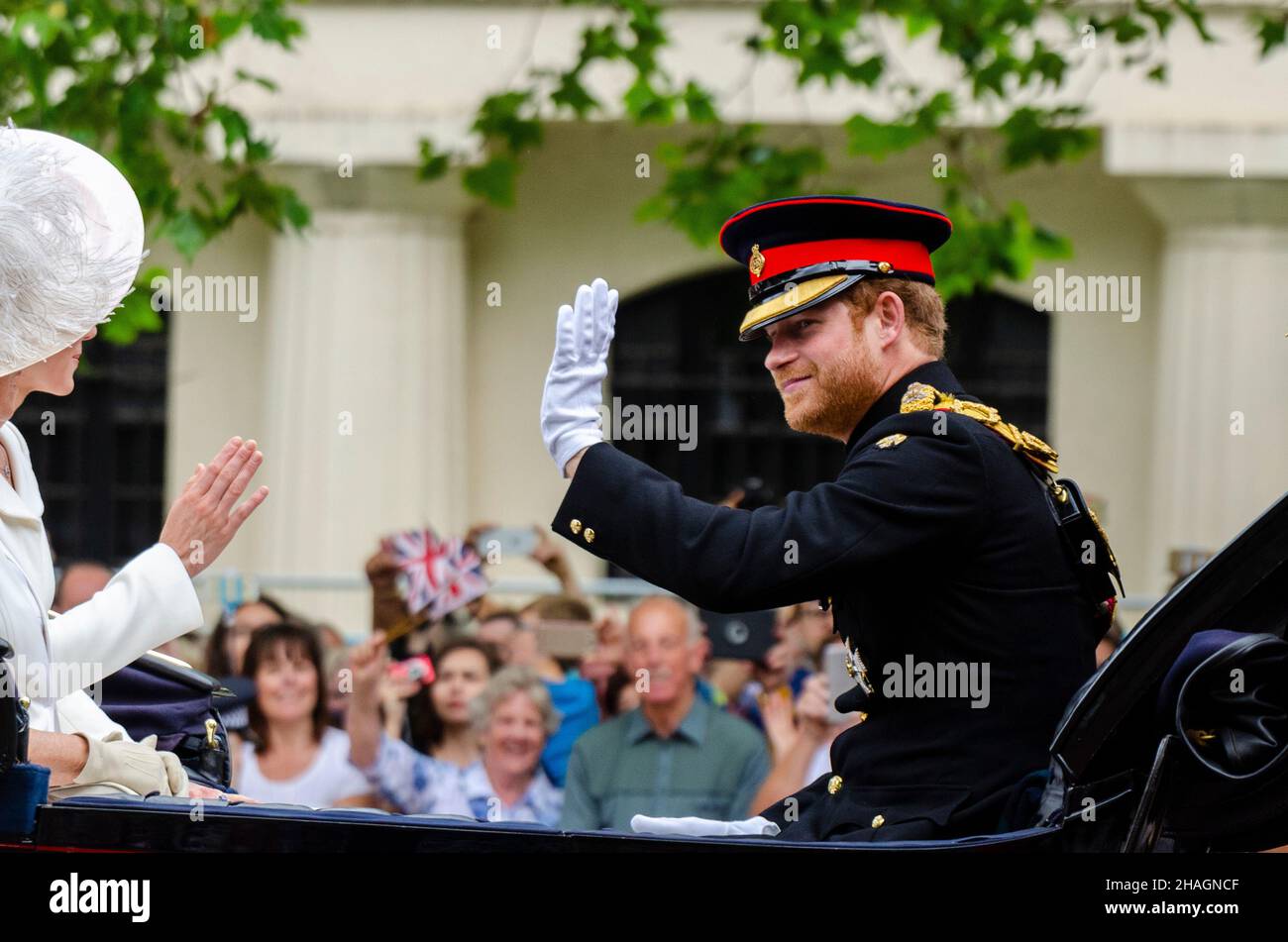 Prince Harry Wales in military army uniform. Trooping of the Colour 2016 in The Mall. London, UK. Latterly Duke of Sussex, in army dress uniform Stock Photo