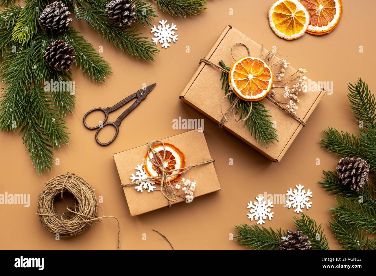 Christmas presents - hand made gift boxes, top view Stock Photo