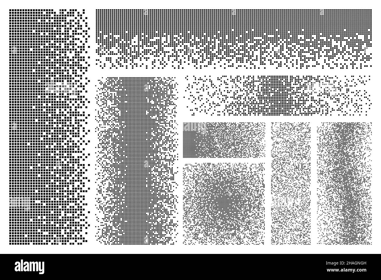 Dispersed elements. Disintegration, pixel dissolve squares effect. Pixelation shapes, dispersion fragments. Flat black destruction recent vector Stock Vector