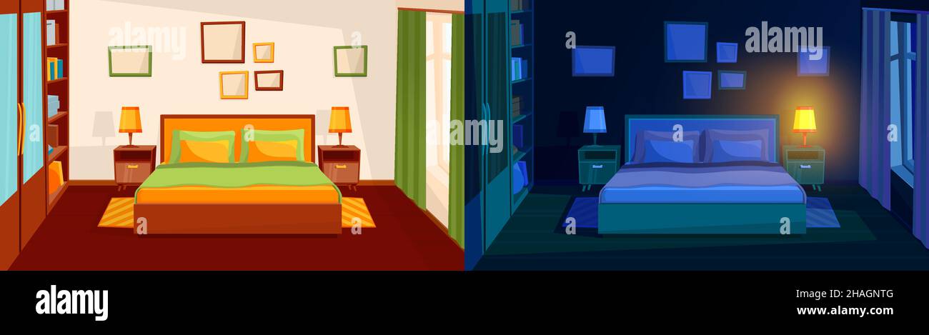 Day night bedroom. Room interior, bed, lamp and wardrobe. Cartoon cozy  sleeping area, good morning time. Apartment design vector illustration  Stock Vector Image & Art - Alamy
