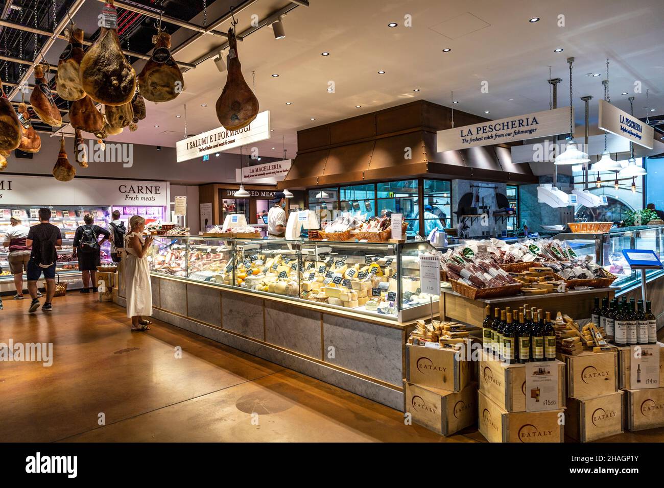Cured meats and cheese counter at Eataly, London, UK Stock Photo