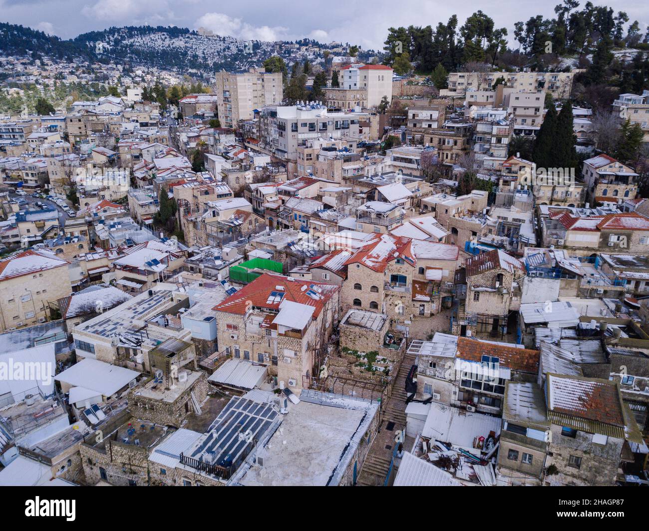 Safed the old Jewish city n northern Israel. Aerial Drone view. Stock Photo