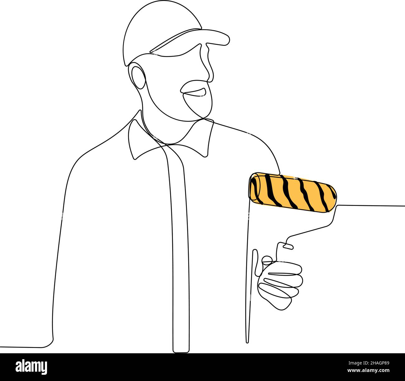 Painter wearing gloves painting wall using roller Stock Vector