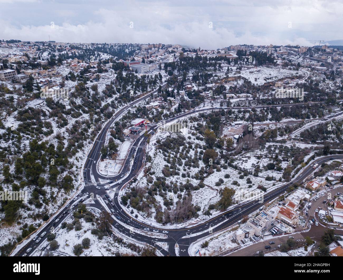 The entrance to Safed old Jewish city n northern Israel after snowing. Aerial Drone View. Stock Photo