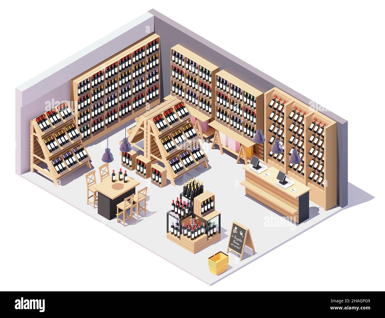 Vector isometric supermarket or grocery store wine department interior with furniture and equipment. Wine bottles on displays, shelves and gondolas Stock Vector