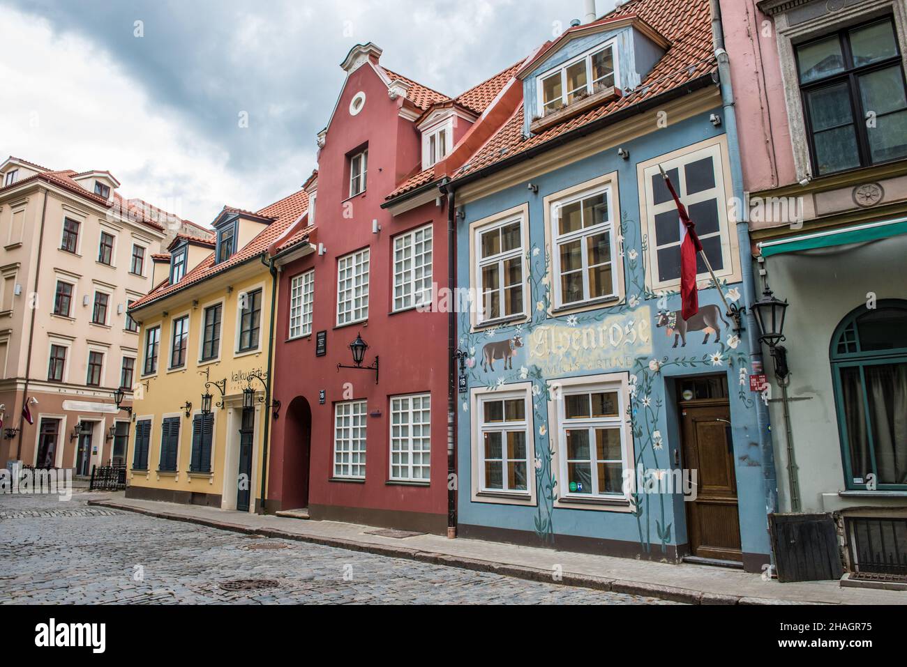 Riga, Latvia - May 21, 2021: Jauniela street in Riga with building of restaurant 1221 in the historic house of Old Town Stock Photo