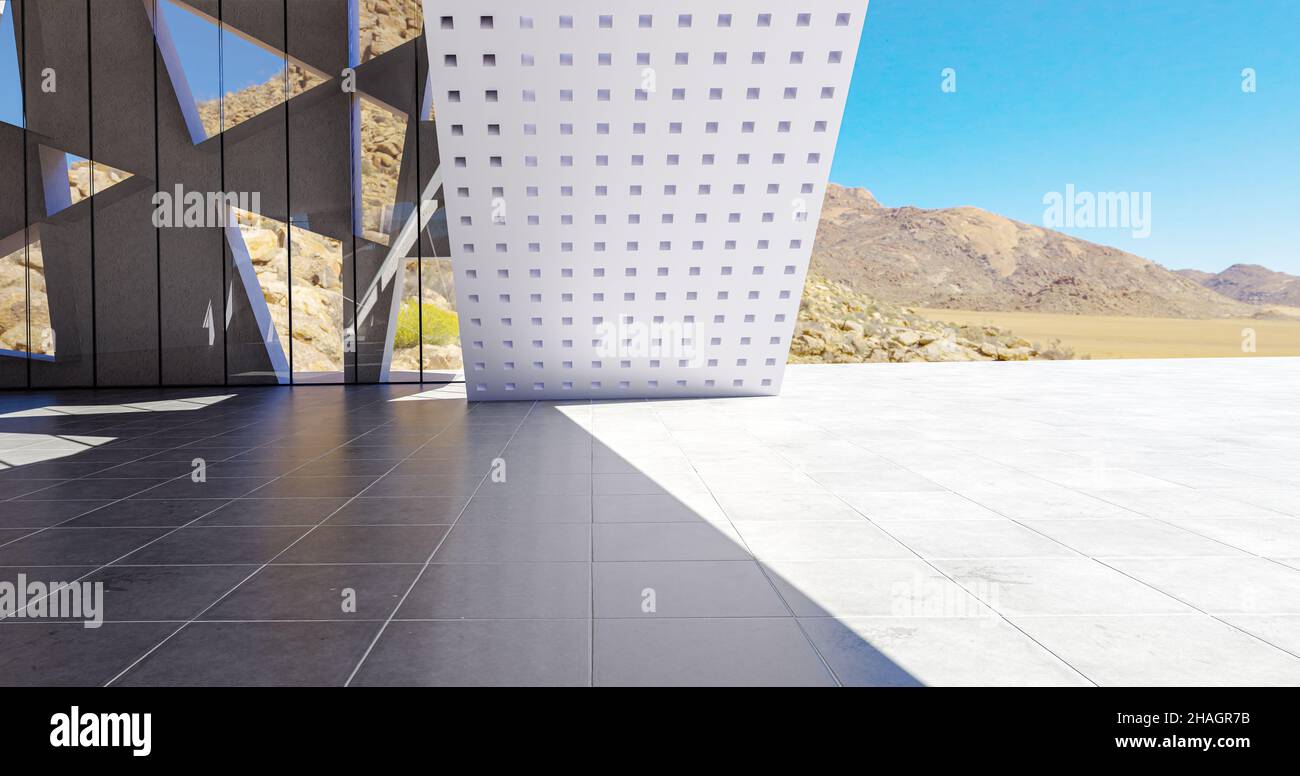 Perspective view of empty concrete floor with cement structure and glass wall building exterior. 3d rendering. Mixed media. Stock Photo