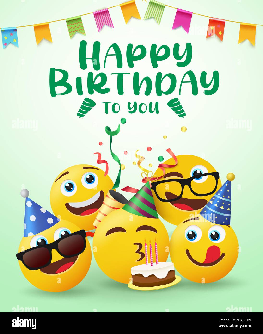 Birthday smileys vector design. Happy birthday to you text with ...