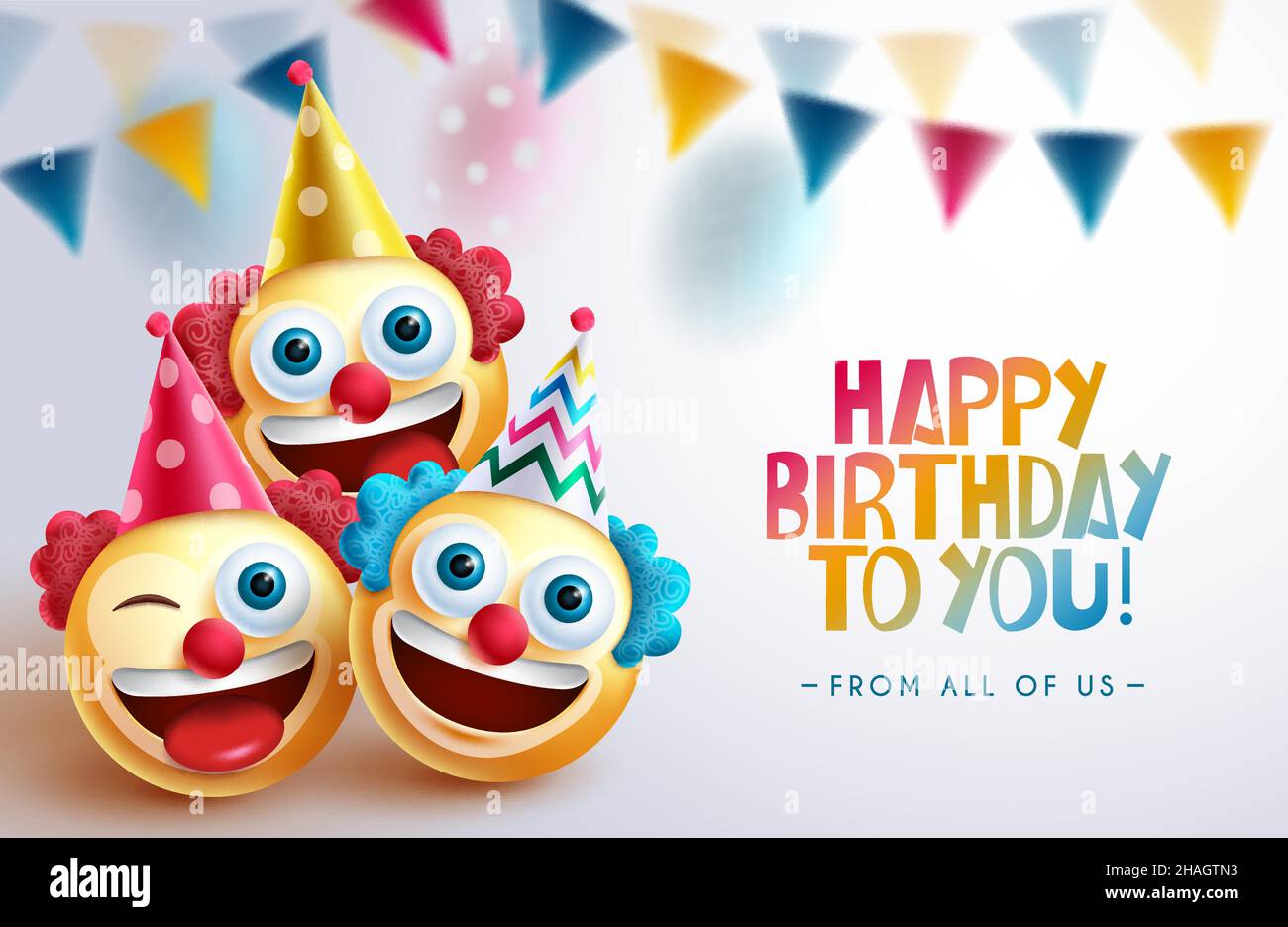 Birthday clowns vector background design. Happy birthday greeting text with smileys clown character in funny and smiling faces for fun and enjoy. Stock Vector