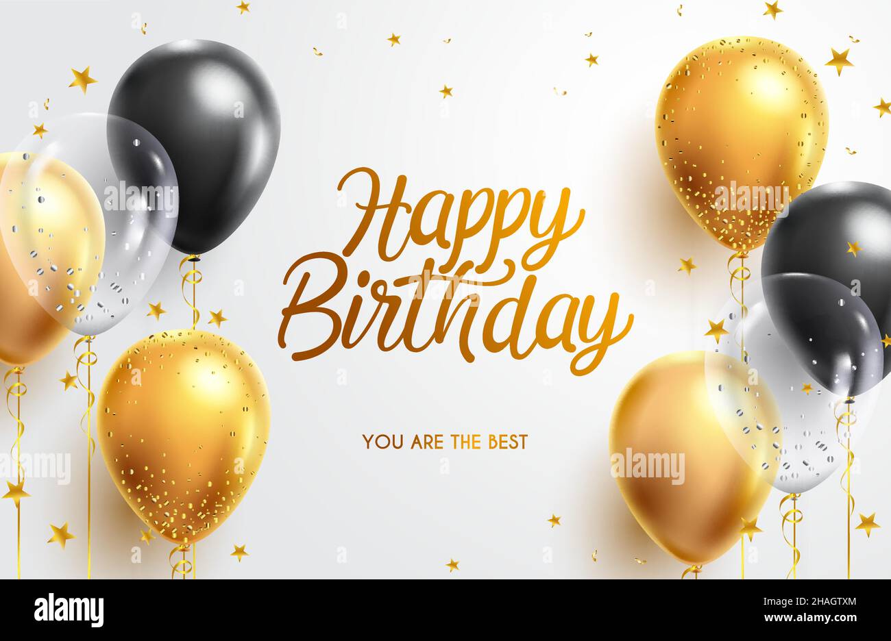 Birthday greeting vector background design. Happy birthday typography text  with elegant gold black balloons and golden confetti for birth day Stock  Vector Image & Art - Alamy