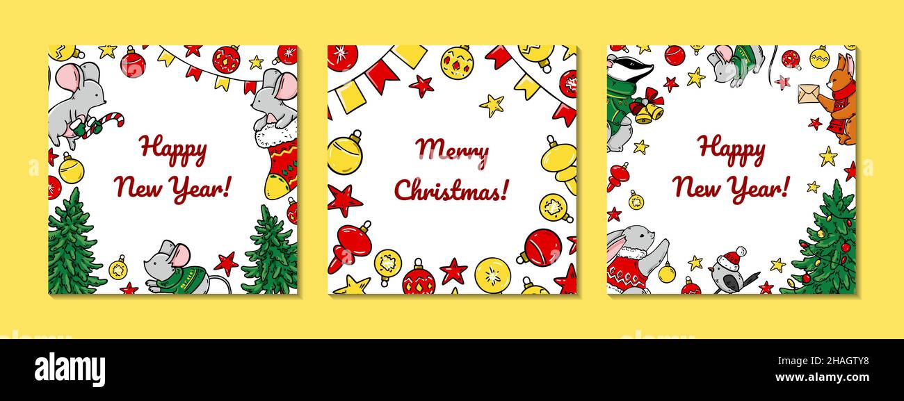 Set of colorful Merry Christmas and Happy New Year greeting cards with ...