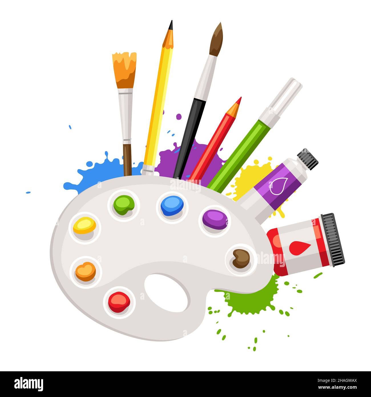 Realistic art tools composition. Painting supplies, creative materials  composition, wooden palette, different brushes, solvent and various paints,  3d Stock Vector Image & Art - Alamy