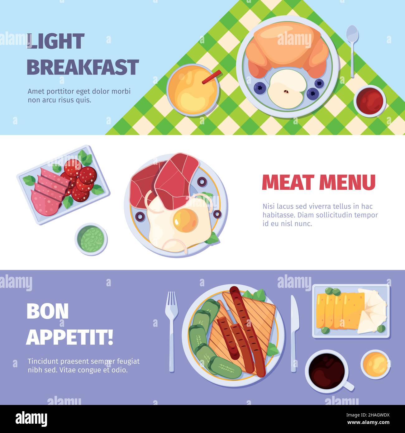 Food banners. Top view products for breakfast templates for banners ...