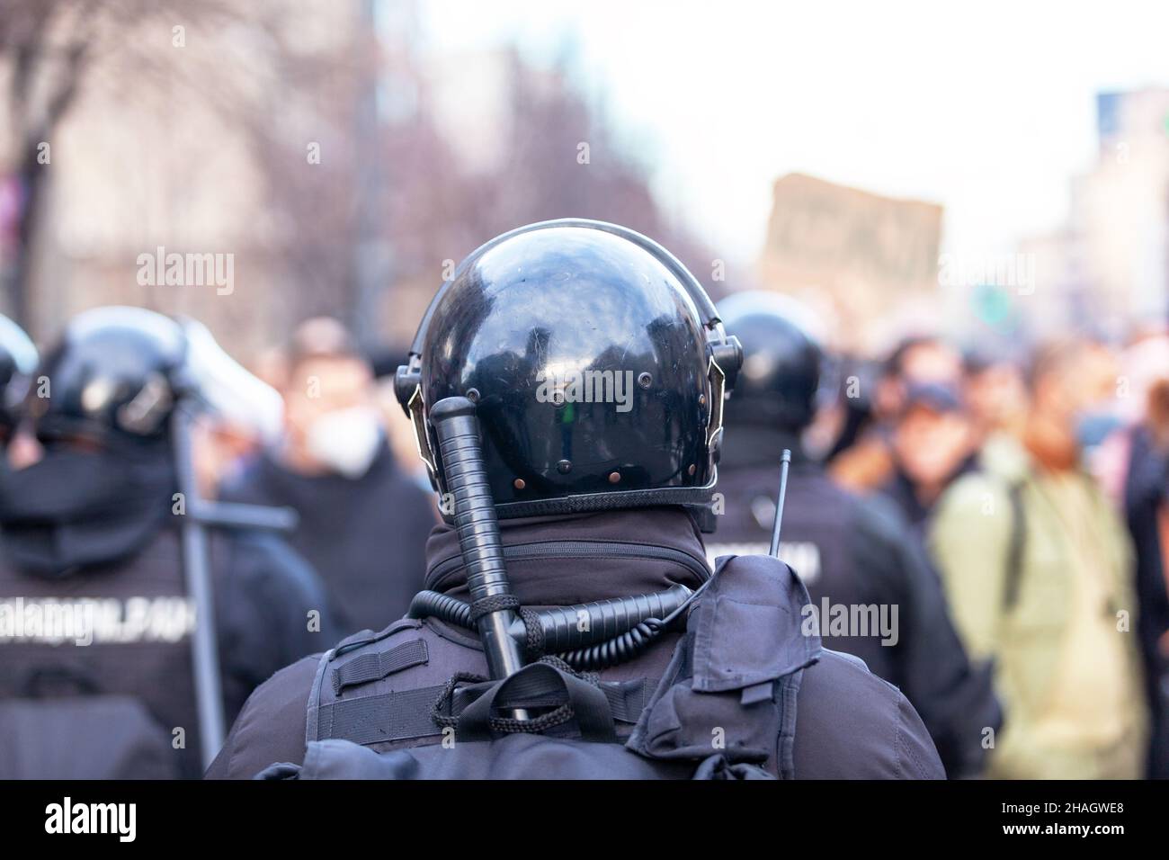 Riot police officers on duty during protest or demonstration Stock ...