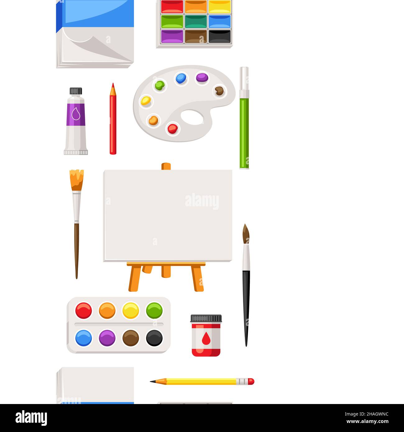 Seamless pattern with painter tools and materials. Art supplies for creativity. Stock Vector